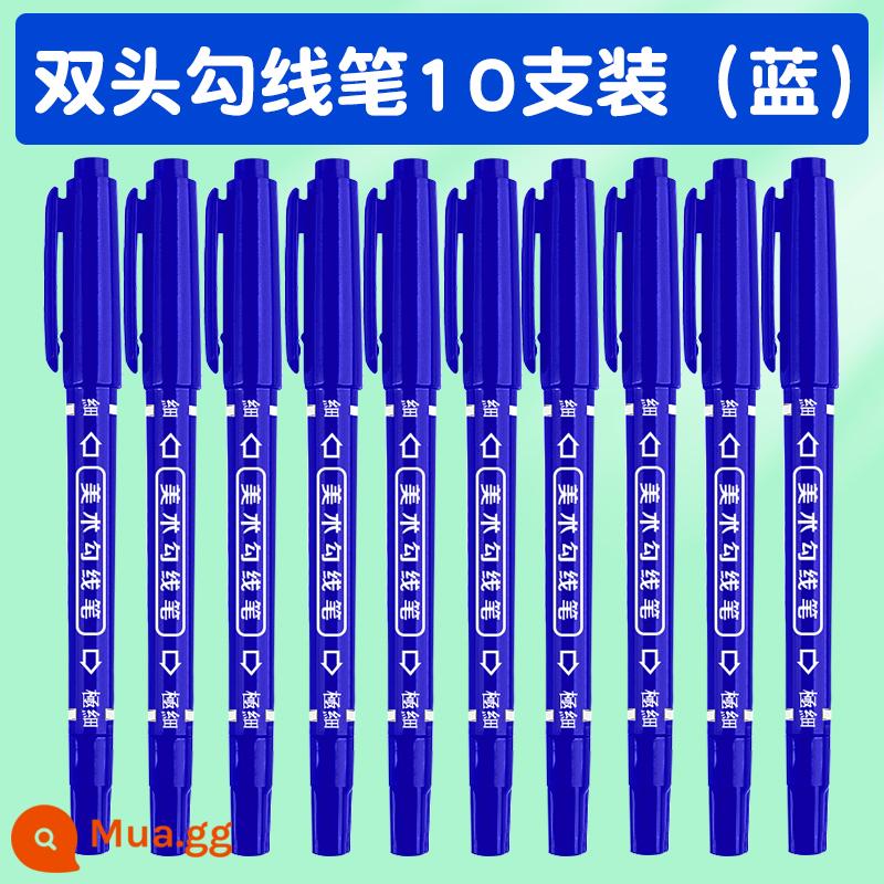 Zhiyuan hook line pen art bút dạ dầu nhỏ hai đầu màu đen đặc biệt bút micro đầu nhỏ vẽ tranh cho trẻ em học sinh mẫu giáo vẽ nét nhanh khô không thấm nước và chống dầu không phai ở cả hai đầu - Màu xanh 10 gói