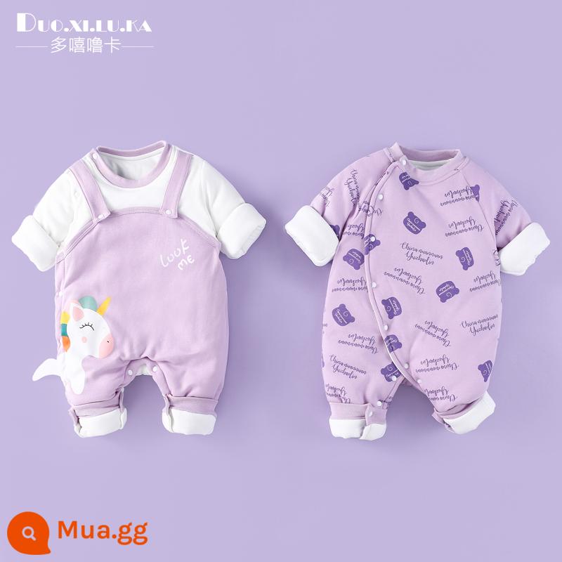 2 mảnh áo liền quần cho bé mùa đông dày ấm đệm bông sơ sinh độn áo liền quần cotton cho bé quần áo phong cách nước ngoài hợp thời trang - Kỳ lân tím trắng + đầu gấu tím