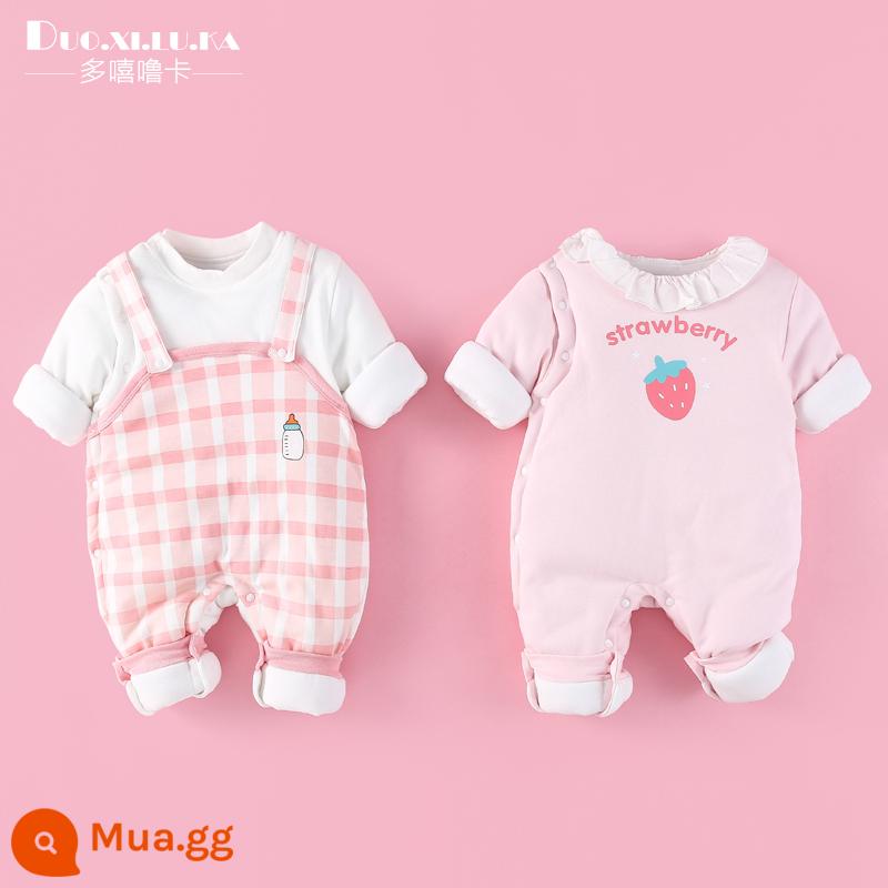 2 mảnh áo liền quần cho bé mùa đông dày ấm đệm bông sơ sinh độn áo liền quần cotton cho bé quần áo phong cách nước ngoài hợp thời trang - Túi xách cho bé, bình sữa kẻ sọc hồng + cổ búp bê dâu tây