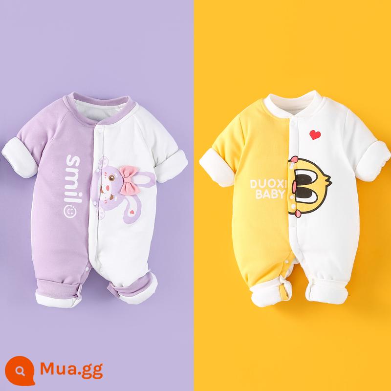 2 mảnh áo liền quần cho bé mùa đông dày ấm đệm bông sơ sinh độn áo liền quần cotton cho bé quần áo phong cách nước ngoài hợp thời trang - Thỏ tím trắng + vịt vàng trắng