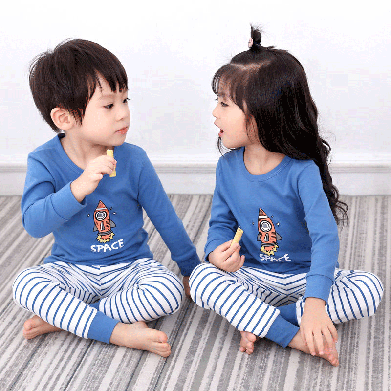 Bộ đồ lót trẻ em cotton nguyên chất 2-13 tuổi quần áo mùa thu và quần vệ sinh bé trai dài tay bộ đồ ngủ xuân thu đông bé gái có cổ - Blue Rocket-ZLS/Cổ thấp/Bông nguyên chất