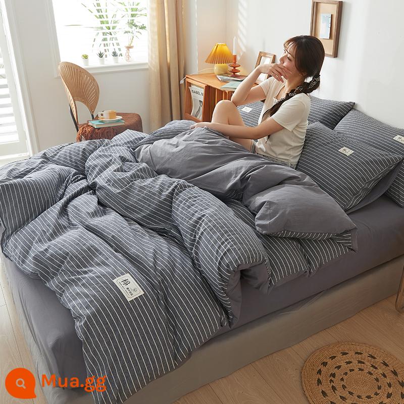 Bộ bốn mảnh giường cotton nguyên chất loại A 100 tấm cotton chăn ga vừa vặn ký túc xá sinh viên bộ ba mảnh bộ đồ giường bốn mùa 4 - Dải màu xám + xám đậm