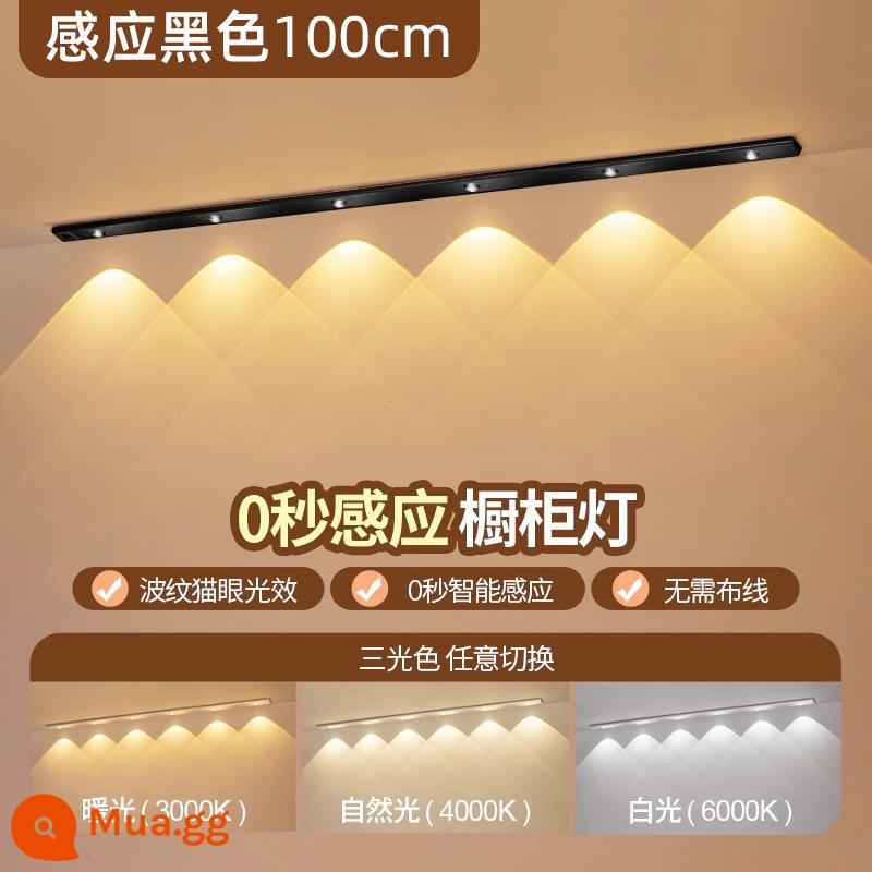 Đèn LED tổng thể tủ ánh sáng thông minh cơ thể con người thanh ánh sáng cảm ứng nhà bếp không dây tủ giày tủ quần áo ánh sáng nhà phòng ngủ giấc ngủ ánh sáng ban đêm - Hiệu ứng ánh sáng gợn sóng màu đen [100cm mờ ba màu + điều khiển ánh sáng + luôn sáng + thu hút từ tính]