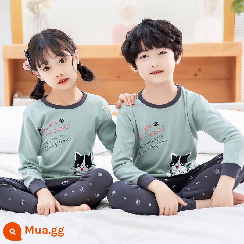 Bộ đồ lót trẻ em cotton nguyên chất 2-13 tuổi quần áo mùa thu và quần vệ sinh bé trai dài tay bộ đồ ngủ xuân thu đông bé gái có cổ - Mèo xanh đậu/cổ thấp/bông nguyên chất