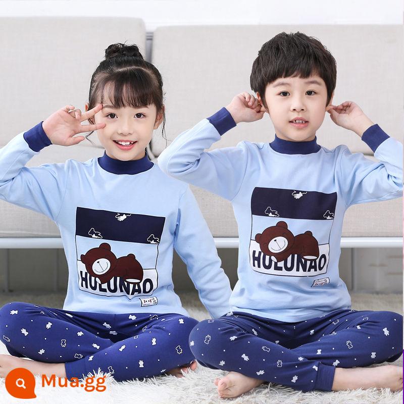 Bộ đồ lót trẻ em cotton nguyên chất 2-13 tuổi quần áo mùa thu và quần vệ sinh bé trai dài tay bộ đồ ngủ xuân thu đông bé gái có cổ - Gấu xanh/cổ giữa/bông nguyên chất