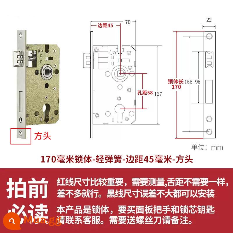 Thép không gỉ thân khóa lõi khóa trong nhà phòng ngủ chốt cửa khóa cửa gỗ đa năng cửa phòng bộ khóa phòng hộ gia đình tắt tiếng - Đầu vuông 45 cạnh lò xo nhẹ 170