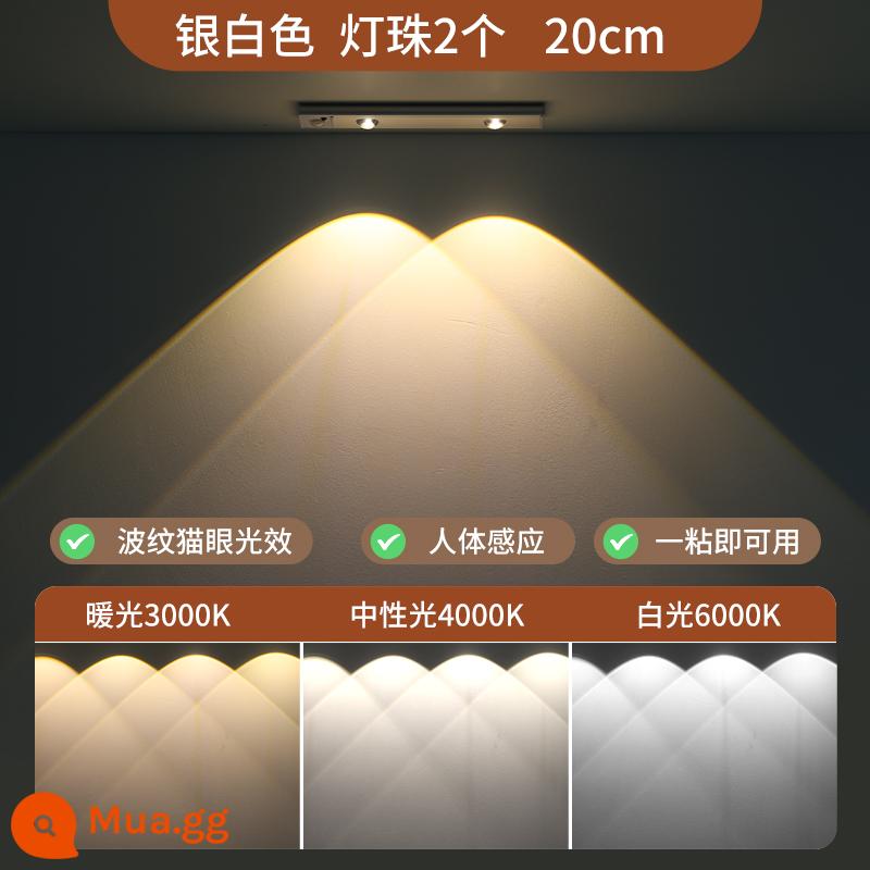 Đồi nhỏ đèn cảm ứng hút từ sạc tủ rượu tủ quần áo hiên tủ giày lối vào đèn cảm ứng sáng khi có người đến - Màu trắng bạc--20CM-2 hạt đèn-chiếu sáng ba tông màu + cảm biến cơ thể con người + nhôm hàng không cảm biến ánh sáng
