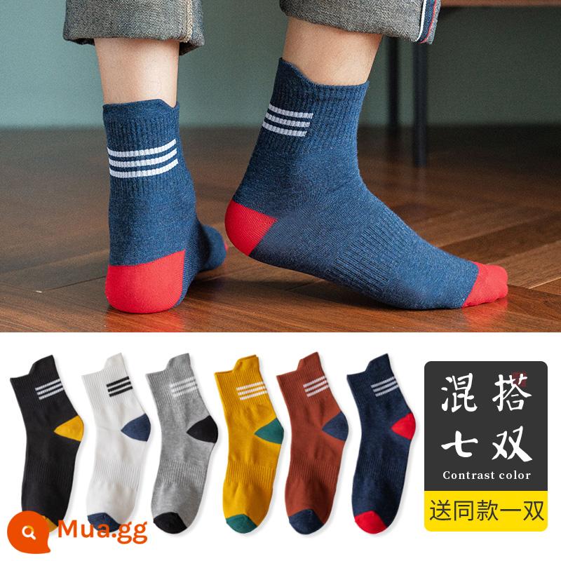 Vớ nam tính giữa, mồ hôi, mùa xuân đen, mùa thu và mùa đông nam không -cotton Stockings Thể thao Hệ thống Nhật Bản - Đen, trắng, xám nhạt, nghệ, đỏ gạch, xanh navy + tặng 1 đôi cùng kiểu (tổng cộng 7 đôi)