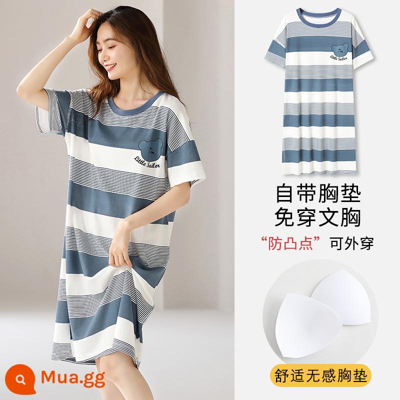 Bộ đồ ngủ nữ phong cách mùa hè có đệm ngực váy ngủ cotton ngắn tay size lớn phục vụ tại nhà không áo ngực phù hợp với mùa hè - Váy ngủ: W7022 [có miếng đệm ngực]