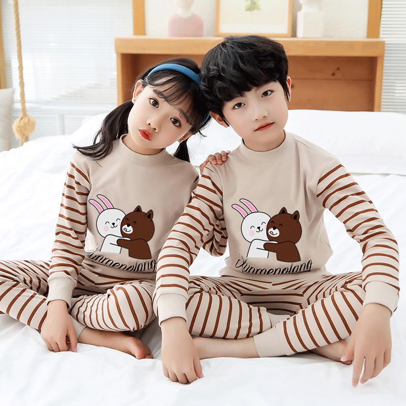 Bộ đồ lót trẻ em cotton nguyên chất 2-13 tuổi quần áo mùa thu và quần vệ sinh bé trai dài tay bộ đồ ngủ xuân thu đông bé gái có cổ - Gấu và thỏ/cổ giữa/bông nguyên chất