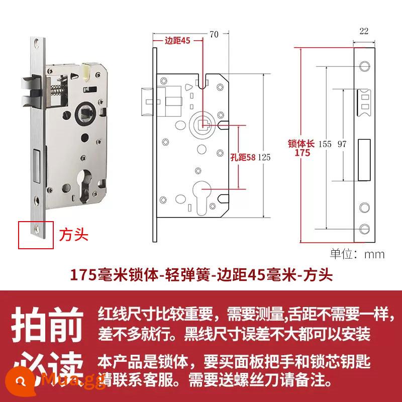 Thép không gỉ thân khóa lõi khóa trong nhà phòng ngủ chốt cửa khóa cửa gỗ đa năng cửa phòng bộ khóa phòng hộ gia đình tắt tiếng - Đầu vuông 45 cạnh lò xo nhẹ 175