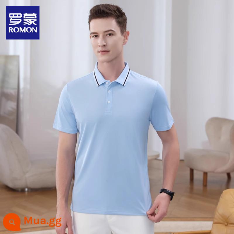 Romon nam có ve áo áo sơ mi polo xu hướng trẻ trung phù hợp với tất cả các trận đấu Áo thun ngắn tay áo thun nửa tay áo thun đi làm quần áo hàng đầu T - Màu xanh nhạt 5577 một mảnh