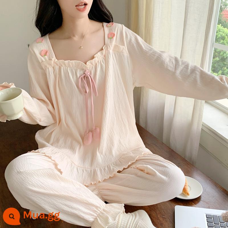 Bộ đồ ngủ hoa xanh nữ cotton dài tay xuân thu đông 2023 áo cardigan kiểu mới lưới đỏ ngọt ngào Bộ đồ phục vụ tại nhà - 3702