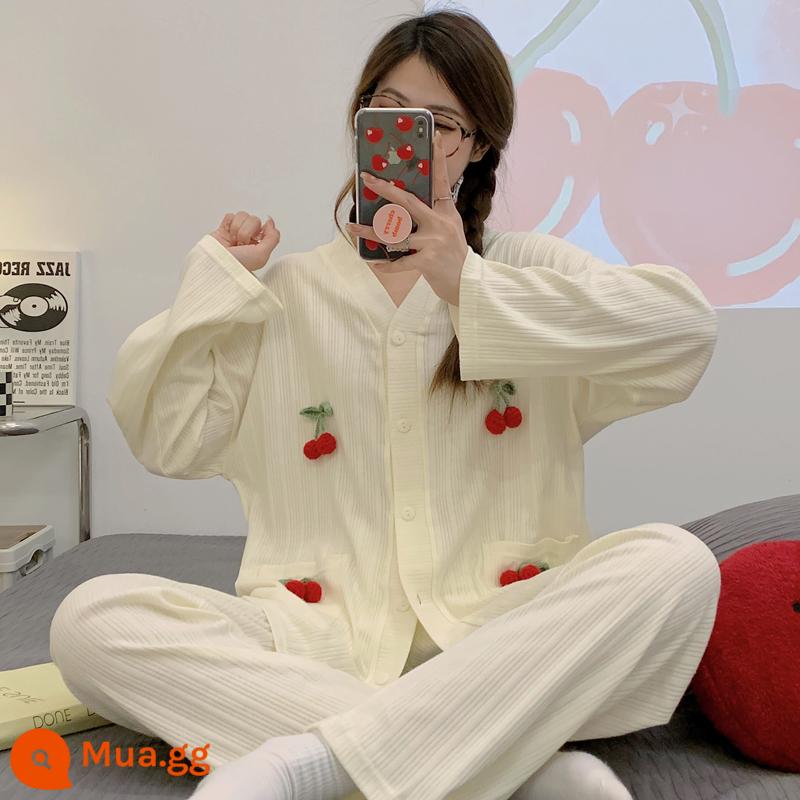 Bộ đồ ngủ hoa xanh nữ cotton dài tay xuân thu đông 2023 áo cardigan kiểu mới lưới đỏ ngọt ngào Bộ đồ phục vụ tại nhà - Z361#