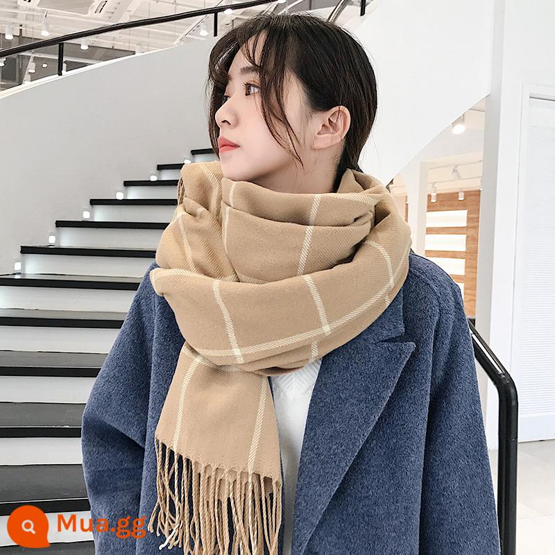 Khăn quàng cổ giả cashmere mùa đông nữ cao cấp cảm giác phiên bản Hàn Quốc của những cô gái dễ thương Tiếng Anh dày dặn phù hợp với tất cả các khăn kẻ sọc tua rua - Khaki