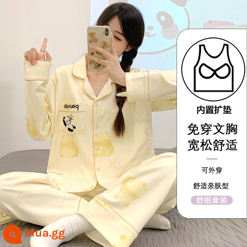 Quần áo sau sinh bằng vải cotton nguyên chất Panda có đệm ngực, đồ ngủ cho bà bầu sau sinh mùa xuân thu đông, quần áo chăm sóc điều dưỡng, quần áo ở nhà - Gấu trúc vàng [có đệm ngực/cốc cố định]