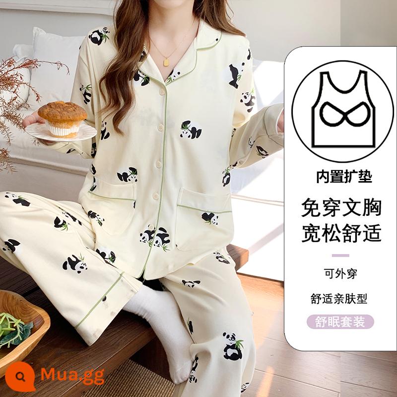 Quần áo sau sinh bằng vải cotton nguyên chất Panda có đệm ngực, đồ ngủ cho bà bầu sau sinh mùa xuân thu đông, quần áo chăm sóc điều dưỡng, quần áo ở nhà - Gấu trúc tre xanh [có đệm ngực/cốc cố định]