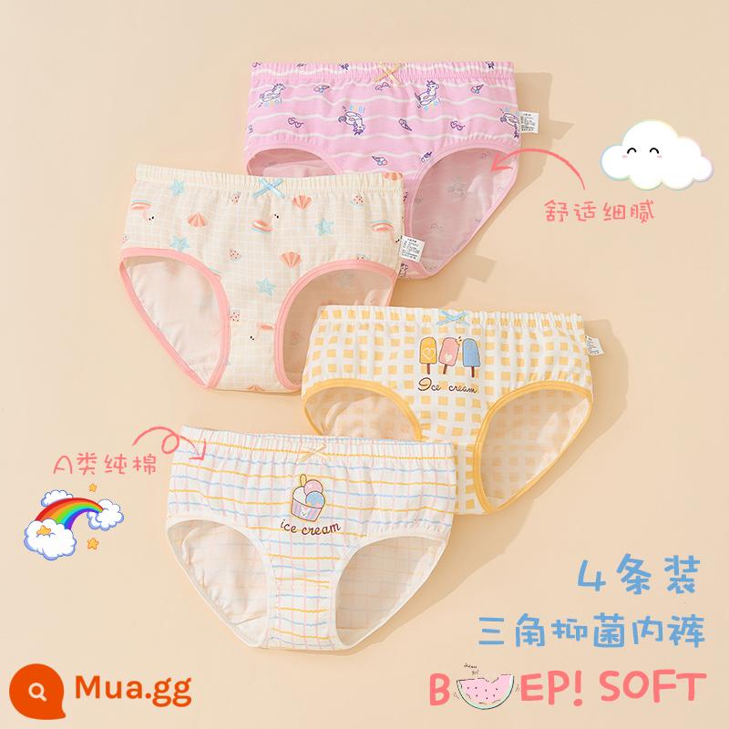 Quần lót bé gái cotton nguyên chất quần đùi cotton tam giác trẻ em không cắt pp bé gái học sinh tiểu học 100% - Gói 744+745-4 [sản phẩm kháng khuẩn mới được nâng cấp]