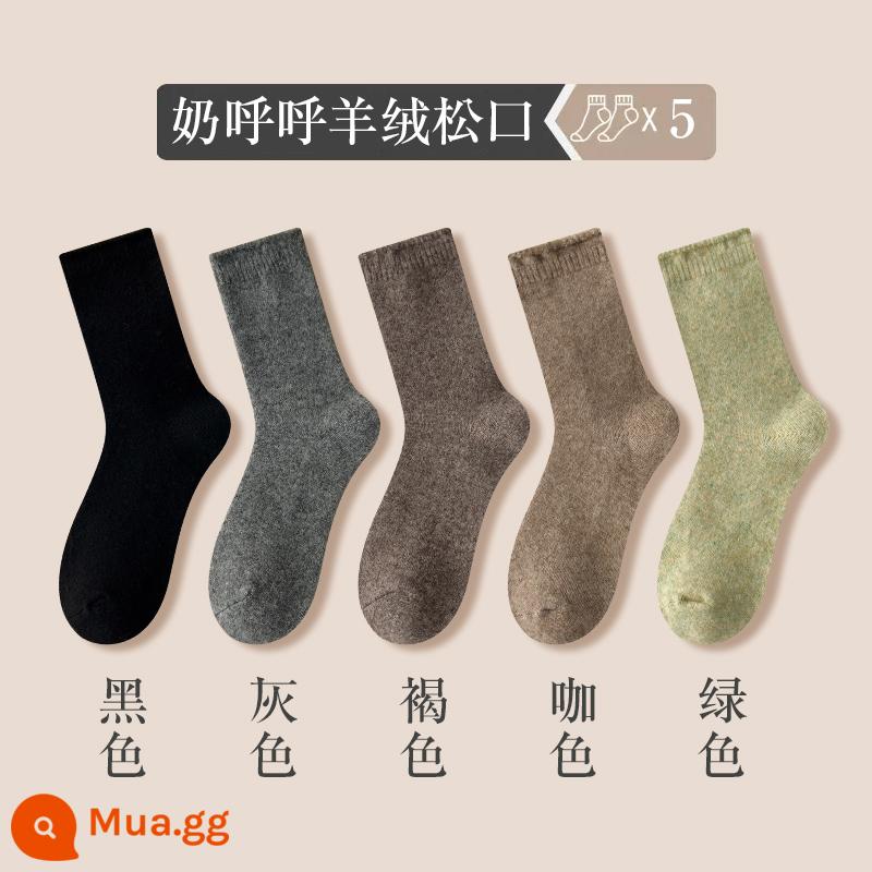 Sang Trọng Tất Nữ Mùa Thu Đông Len Giữa Ống Tất Dày Cashmere Màu Kẹo Tất Lông Ấm Áp Giấc Ngủ giam Tất - [Thành phần 1] 5 đôi - đen + xám + nâu + cà phê + xanh