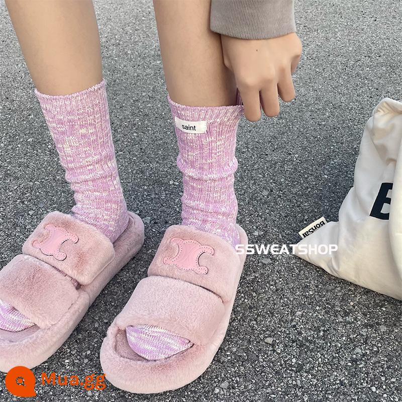 SSWEASHOP Vải Nhật tiêu chuẩn cotton tre AB vớ len nữ cặp đôi dày đường may tiêu chuẩn ống giữa vớ ins triều vớ - tím nhạt