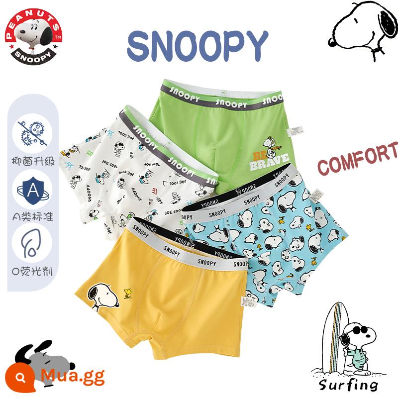 Quần lót trẻ em Snoopy bé trai cotton nguyên chất góc phẳng quần đùi bé trai mùa hè trẻ em 100% - S1002+S1013 (Bộ 4 bông kháng khuẩn nguyên chất Snoopy)