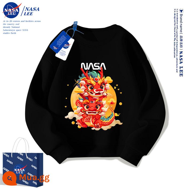 NASA cotton dày màu đỏ T bé trai mùa đông bé gái 12 tuổi mùa thu đông cộng với nhung 2024 Quần áo năm con Rồng cho trẻ em - Phong cách Xuân Thu Đen [Loại 3]