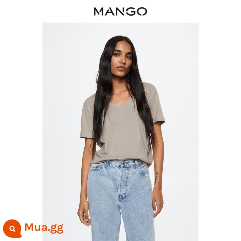 Áo thun nữ MANGO xuân hè mới thiết kế cắt thẳng thời trang Áo thun cotton pha cổ chữ V - nâu vừa