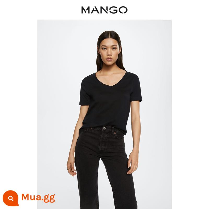 Áo thun nữ MANGO xuân hè mới thiết kế cắt thẳng thời trang Áo thun cotton pha cổ chữ V - đen