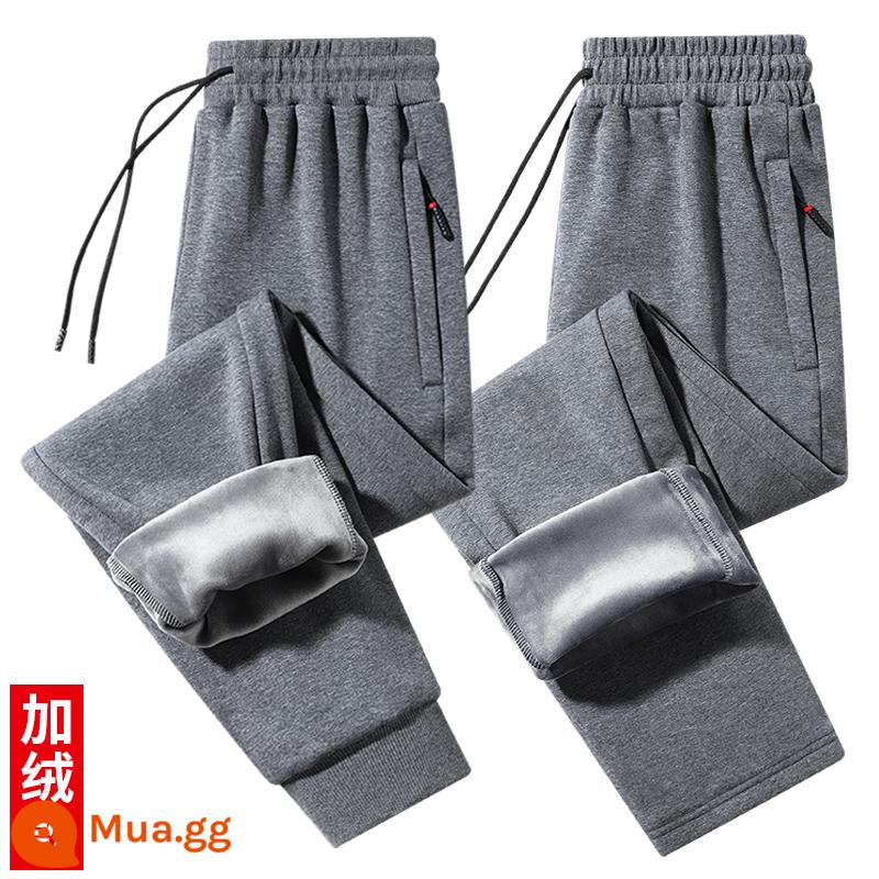 Quần cotton thể thao nam mùa xuân và mùa thu đông cộng với nhung dày kích thước lớn quần âu nam rộng rãi cộng với quần béo quần dài - Plus nhung: dây rút màu xám đậm + ống thẳng màu xám nhạt