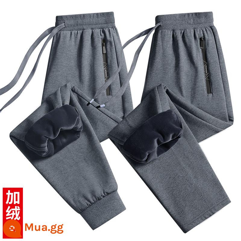 Quần cotton thể thao nam mùa xuân và mùa thu đông cộng với nhung dày quần kích thước lớn rộng rãi quần âu cộng với chất béo thẳng quần quần - Plus nhung: dây rút màu xám đậm + ống thẳng màu xám đậm