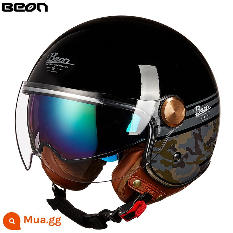 Beon Xe Máy Nam Nữ Đôi Ống Kính Xe Máy Retro Harley Xe Điện Mùa Đông Ấm Mũ Bảo Hiểm Nửa Bốn Mùa - Màu đen sáng / ngụy trang (gửi ống kính dài)