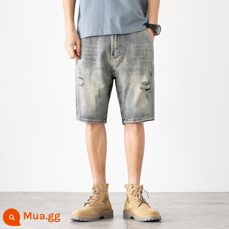 Quần short denim năm điểm phiên bản Hàn Quốc của lỗ rộng mỏng mùa hè mỏng phần bảy điểm quần âu retro cỡ lớn hợp thời trang - 279 cổ điển màu xanh