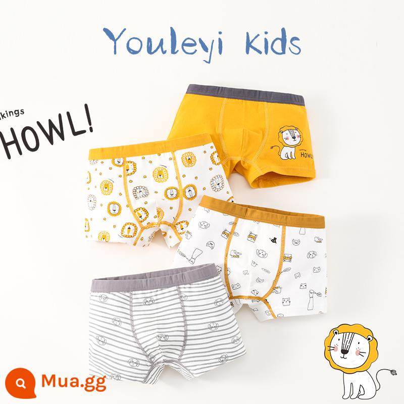 Quần lót bé trai cotton nguyên chất, quần đùi bé trai, cotton nguyên chất trẻ em, quần boxer an toàn bé trai vừa và lớn 100% - Gói 520 Sunshine Lion-4 [Phong cách Cotton nguyên chất không xương chải kỹ]