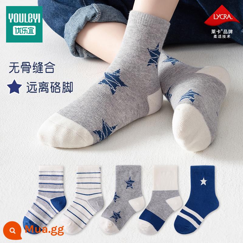 Vớ trẻ em cotton nguyên chất mùa xuân và mùa thu tất cotton bé trai vớ ống giữa cho bé tất bé trai mùa thu đông vớ trẻ em mùa thu vớ cotton - Ngôi sao năm cánh (5 đôi)