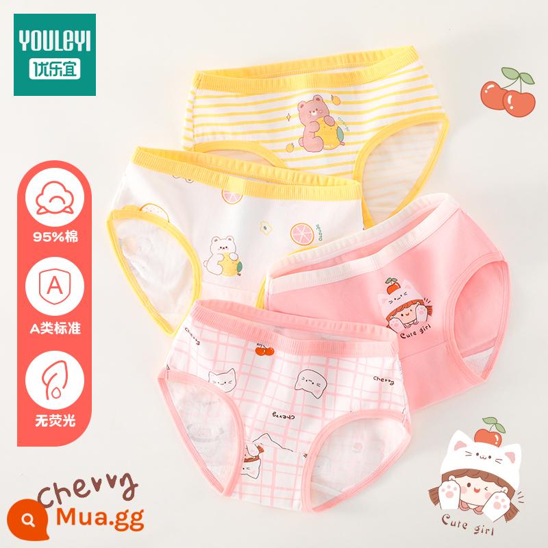 Quần lót trẻ em bé gái cotton nguyên chất quần đùi bé 100% không kẹp PP bé gái từ trung bình đến lớn quần lót boxer cotton - Cherry kitty (tam giác) loại A cotton nguyên chất không PP 4 gói