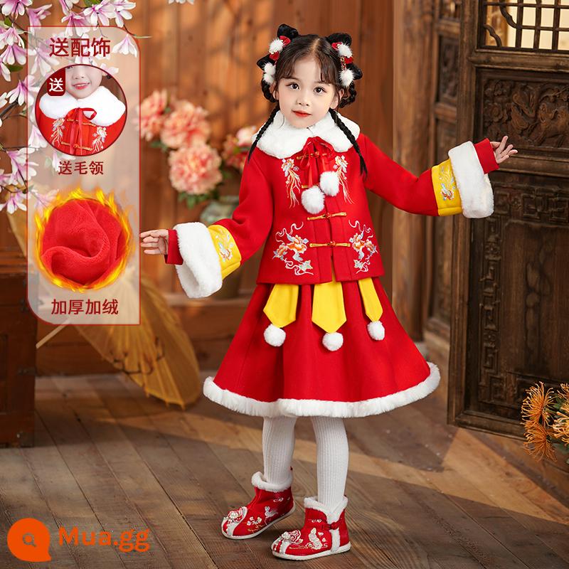 Hanfu mùa đông quần áo đêm giao thừa cho bé gái Trang phục cổ mùa đông Trang phục mùa thu và mùa đông trẻ em Váy phong cách Trung Quốc Tết nguyên đán Tang Suit - Kẹp tóc đỏ + cổ lông A2283