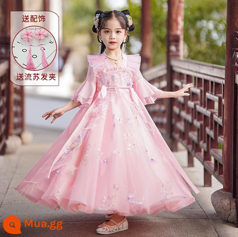 Váy Hanfu bé gái mùa hè váy siêu tiên cao cấp trang phục mùa hè trẻ em váy công chúa váy mới 2023 - kẹp tóc màu hồng 2602