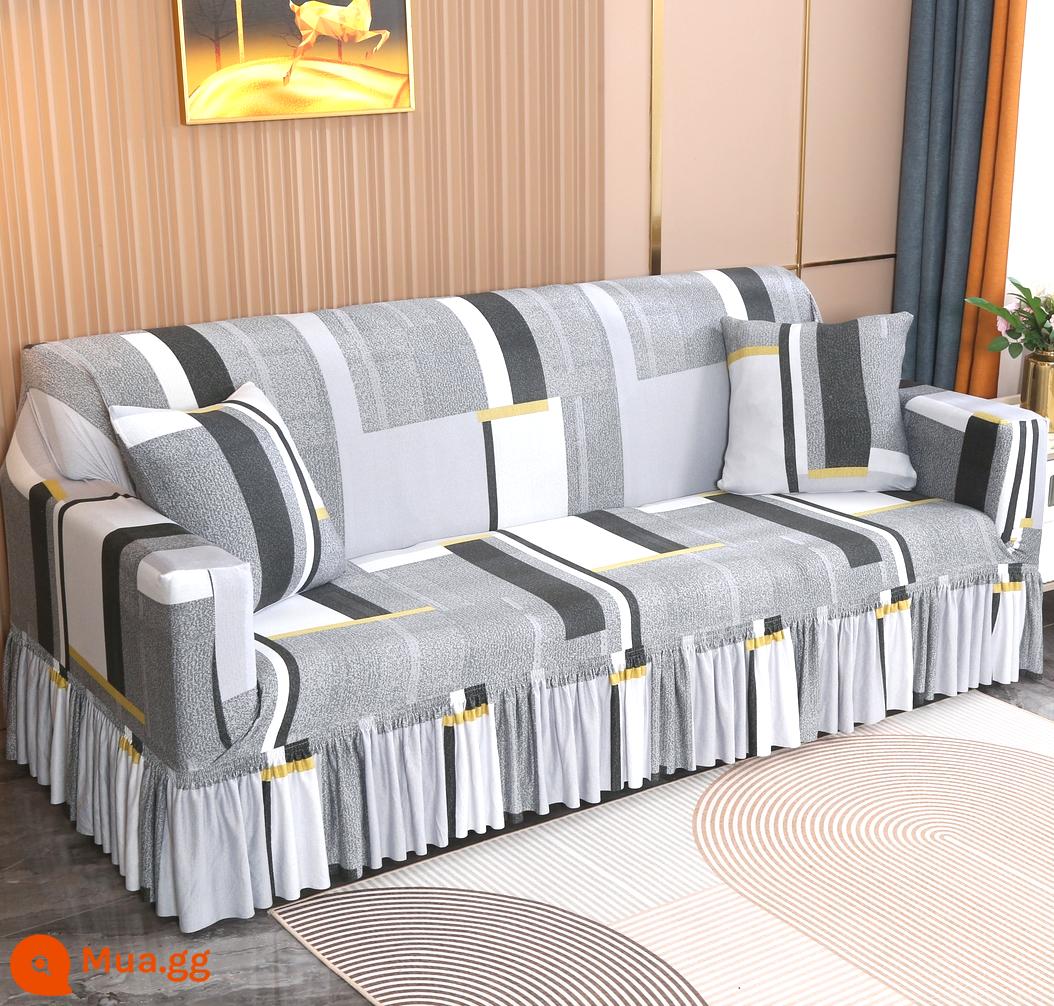 Váy co giãn bốn mùa bọc ghế sofa bao gồm tất cả bao gồm phổ quát bao da kiểu cũ một hai ba bốn người đệm vải - Váy cao cấp màu xanh lam nhạt (màu như hình)