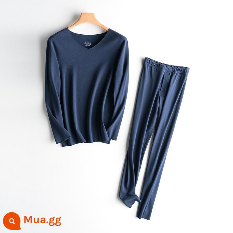 De Velvet Quần áo sưởi ấm không dấu vết Bộ đồ nam dày Plus Cashmere Sợi tự sưởi ấm Mùa đông trẻ trung Quần áo mùa thu Quần vệ sinh Quần hợp thời trang - xanh hải quân