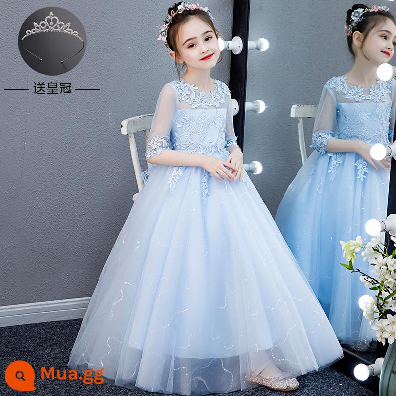 Váy bé gái hoa bé gái đám cưới bé gái váy cưới biểu diễn piano trang phục trẻ em cao cấp chủ nhà đầm công chúa - 698816 Xanh lam [Theo dõi và nhận vương miện]