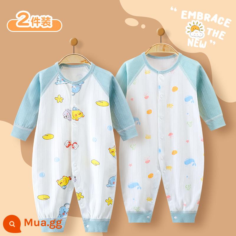 Bé áo liền quần cotton nguyên chất quần áo trẻ sơ sinh xuân thu đông phù hợp với bé mùa thu áo liền quần bộ đồ ngủ - 2 miếng (cá vàng + đại dương)