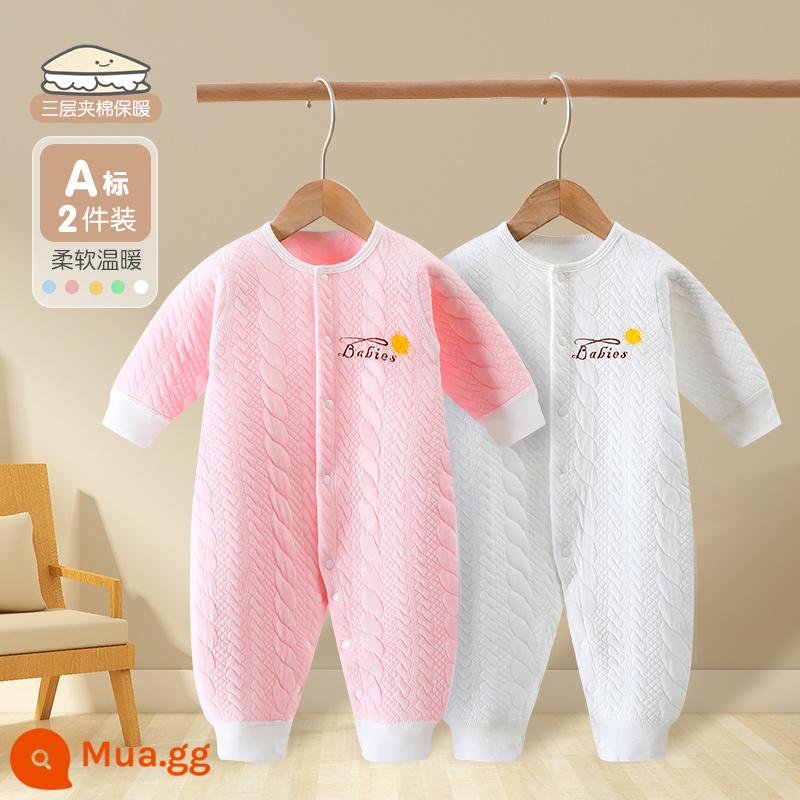 Bé sơ sinh áo liền quần cotton nguyên chất quần áo mùa đông ấm chần bông quần áo mùa đông thu đông phù hợp với bé sơ sinh áo liền quần - 2 cái (hồng + trắng)