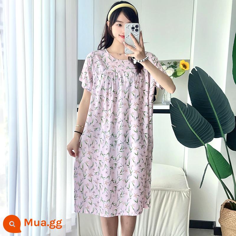 Phiên bản Hàn Quốc của váy ngủ cotton lụa dài tay nữ đồ ngủ ngắn tay cộng với kích thước mùa hè quần áo mặc ở nhà bằng cotton nhân tạo rộng rãi và thoải mái - Lá Xanh Sao Hồng