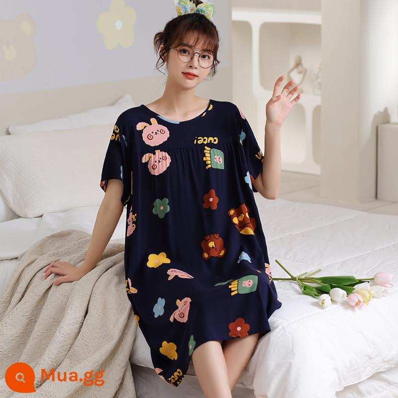 Phiên bản Hàn Quốc của váy ngủ cotton lụa dài tay nữ đồ ngủ ngắn tay cộng với kích thước mùa hè quần áo mặc ở nhà bằng cotton nhân tạo rộng rãi và thoải mái - thỏ khoai tây chiên