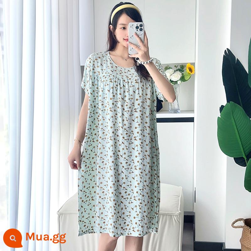 Phiên bản Hàn Quốc của váy ngủ cotton lụa dài tay nữ đồ ngủ ngắn tay cộng với kích thước mùa hè quần áo mặc ở nhà bằng cotton nhân tạo rộng rãi và thoải mái - ô nhỏ hoa màu xanh lá cây