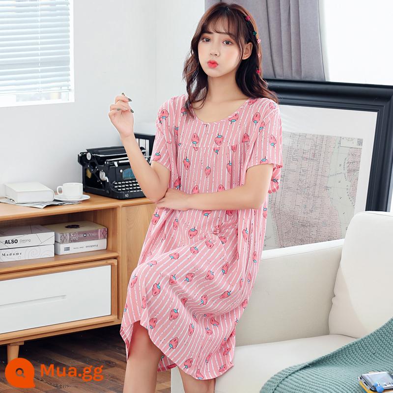 Phiên bản Hàn Quốc của váy ngủ cotton lụa dài tay nữ đồ ngủ ngắn tay cộng với kích thước mùa hè quần áo mặc ở nhà bằng cotton nhân tạo rộng rãi và thoải mái - dâu tây sọc hồng