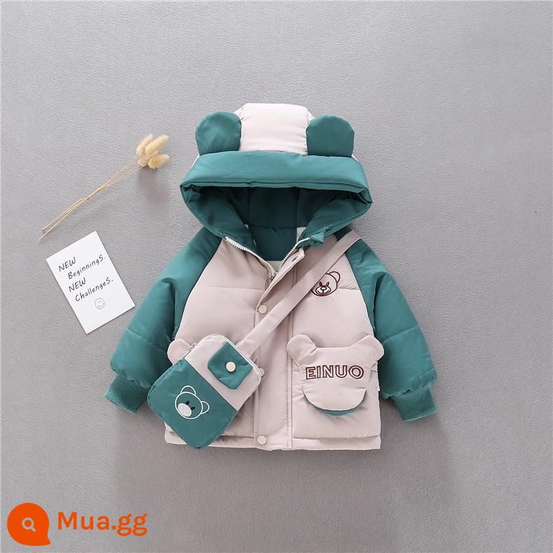 Các bé trai trong mùa đông, quần áo cotton sáng, mùa đông trẻ em cộng với áo khoác cotton dày nhung, quần cotton cotton cotton, hai miếng - Áo khoác cotton túi đeo vai Bear Pocket (Xanh)