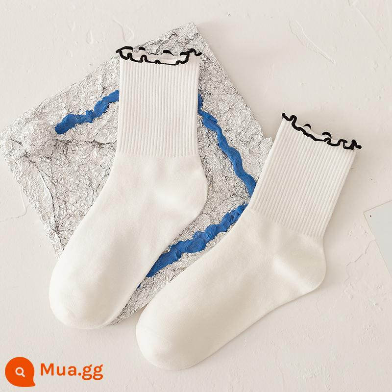 [4 Đôi] Viền Tai Gỗ Sọc Trắng Đen Xuân Thu Cotton Nguyên Chất Phong Cách JK - [Gói 2] Tất trắng viền đen