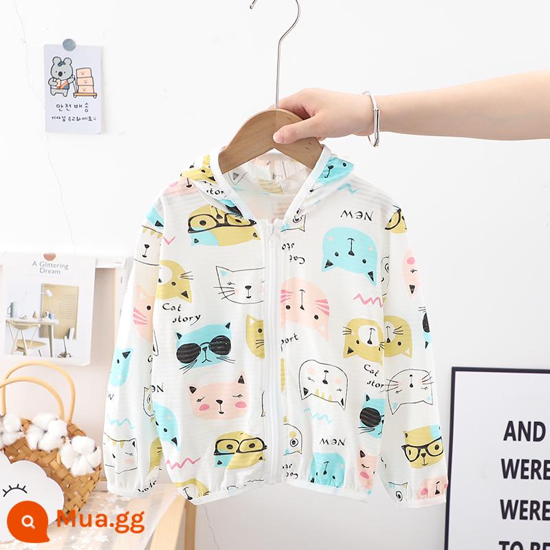 Cotton nguyên chất chống nắng trẻ em áo sơ mi điều hòa không khí áo khoác da mùa hè quần áo mỏng phần thoáng khí quần áo chống nắng cho bé trai và gái - cảnh mèo