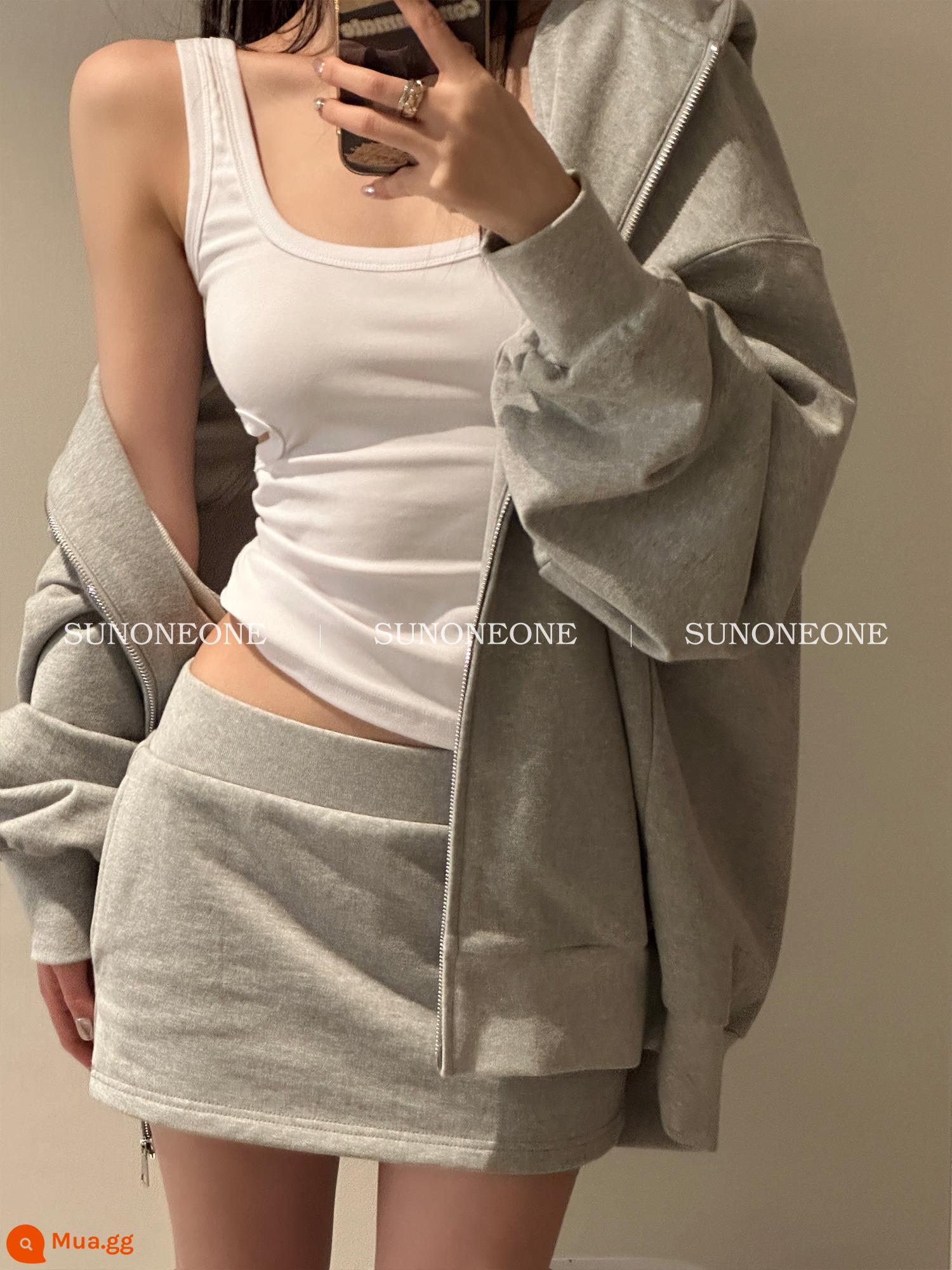 SUNONEONE Mỹ phù hợp với thể thao của phụ nữ mùa xuân và mùa thu màu xám cotton dày T-coat quần âu váy hai món - váy màu xám